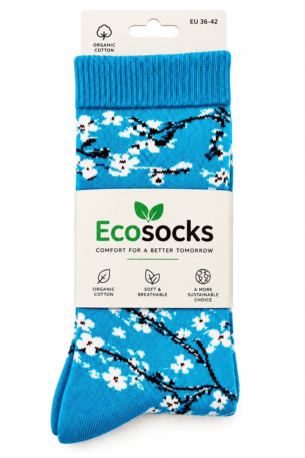 Chaussettes artistiques – Amandiers en fleurs bleues – Coton biologique – Ecosocks