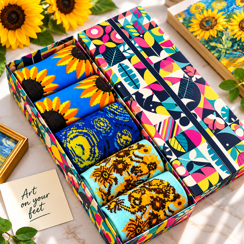 Chaussettes artistiques EcoSocks Vincent van Gogh – Lot de 5 paires – Coton biologique – Coffret cadeau – Unisexe