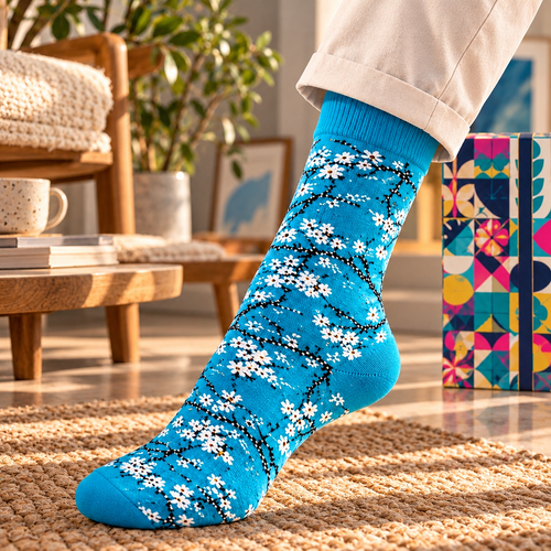 Chaussettes artistiques – Amandiers en fleurs bleues – Coton biologique – Ecosocks