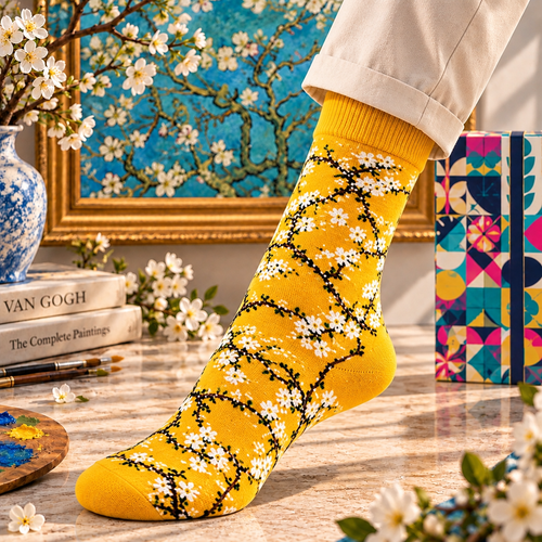 Chaussettes artistiques – Amandiers en fleurs jaunes – Coton biologique – Ecosocks