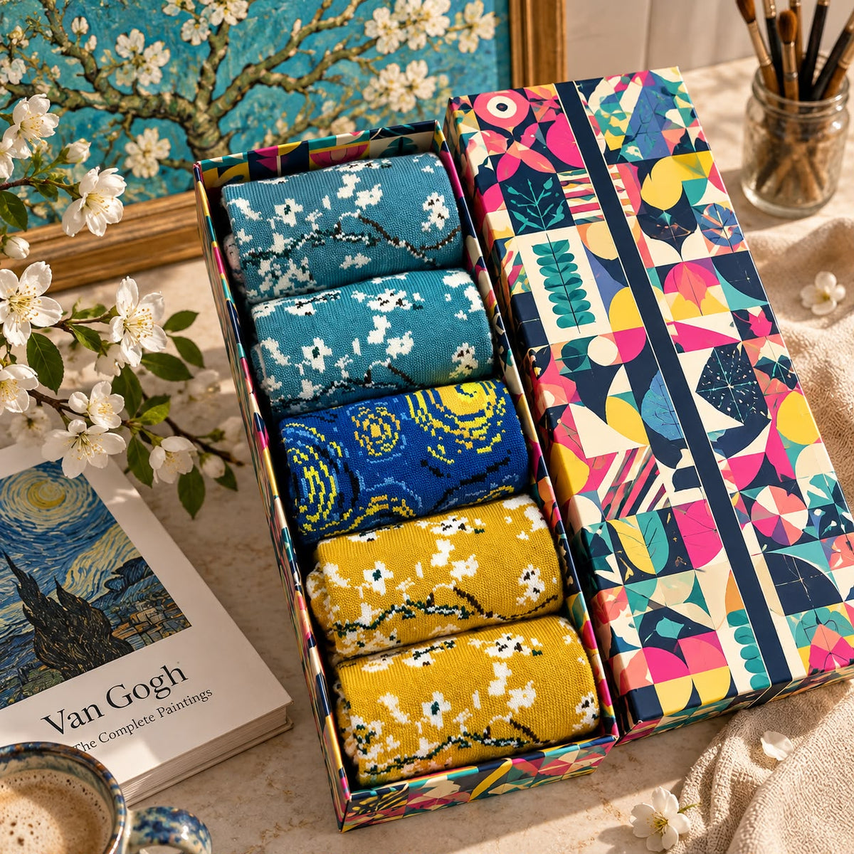 Chaussettes Artistiques Vincent van Gogh EcoSocks – Lot de 5 Paires en Coton Biologique – Unisexe – Coffret Cadeau