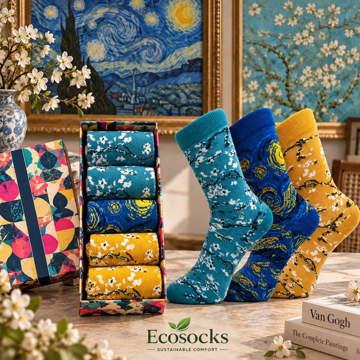 Chaussettes Artistiques Vincent van Gogh EcoSocks – Lot de 5 Paires en Coton Biologique – Unisexe – Coffret Cadeau